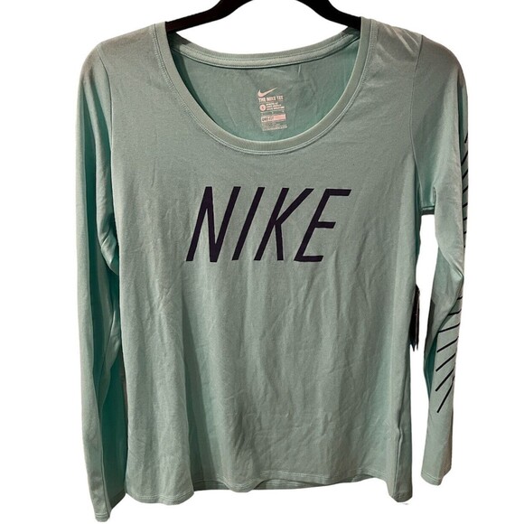 Nike Dri-Fit Tee Shirt Womens Sz Large Long Sleeve Athletic spellout Top New - Picture 1 of 8